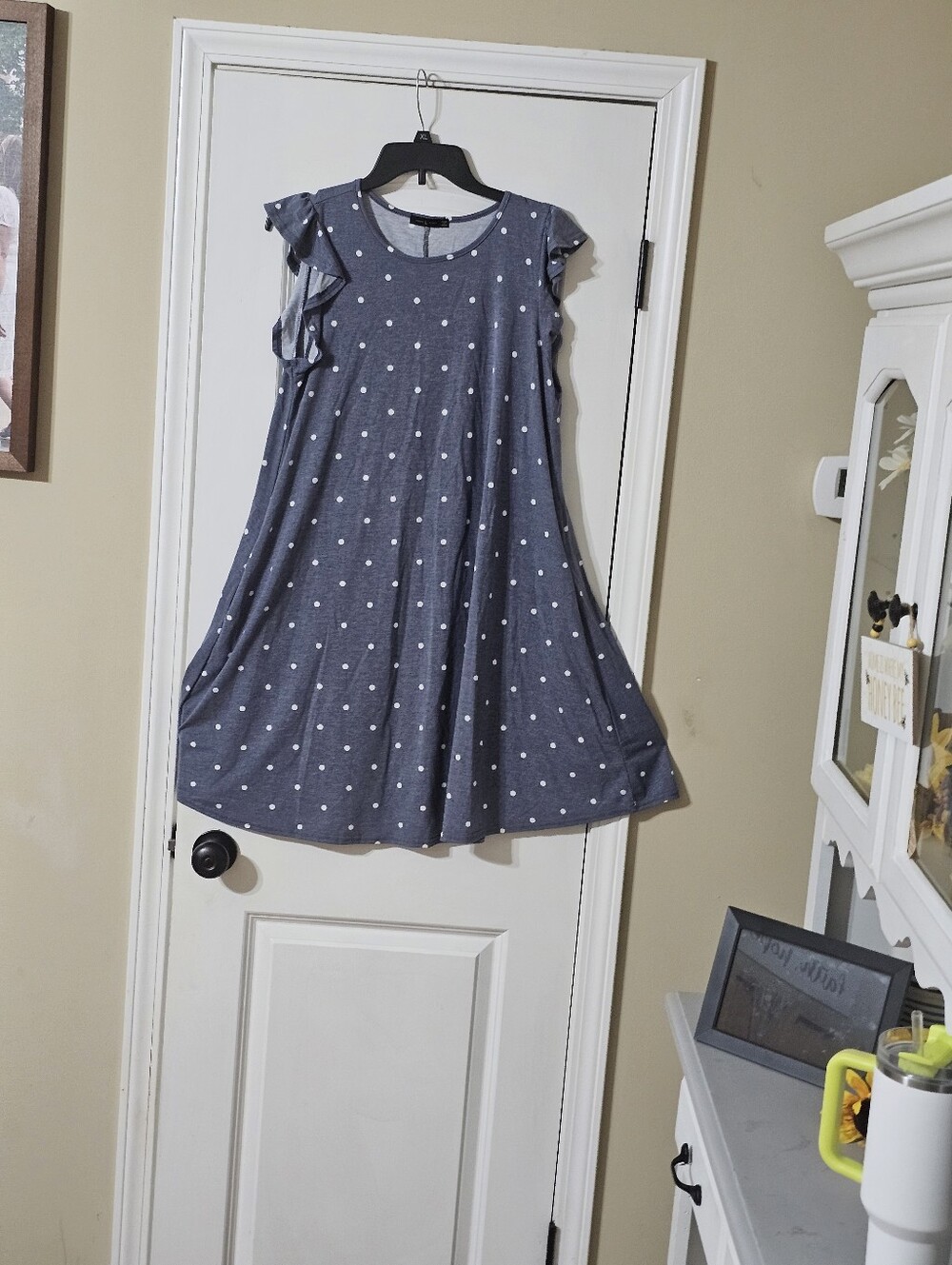 Cato Blue Polka Dot Ruffle Sleeve Swing Dress - Picture 3 of 5